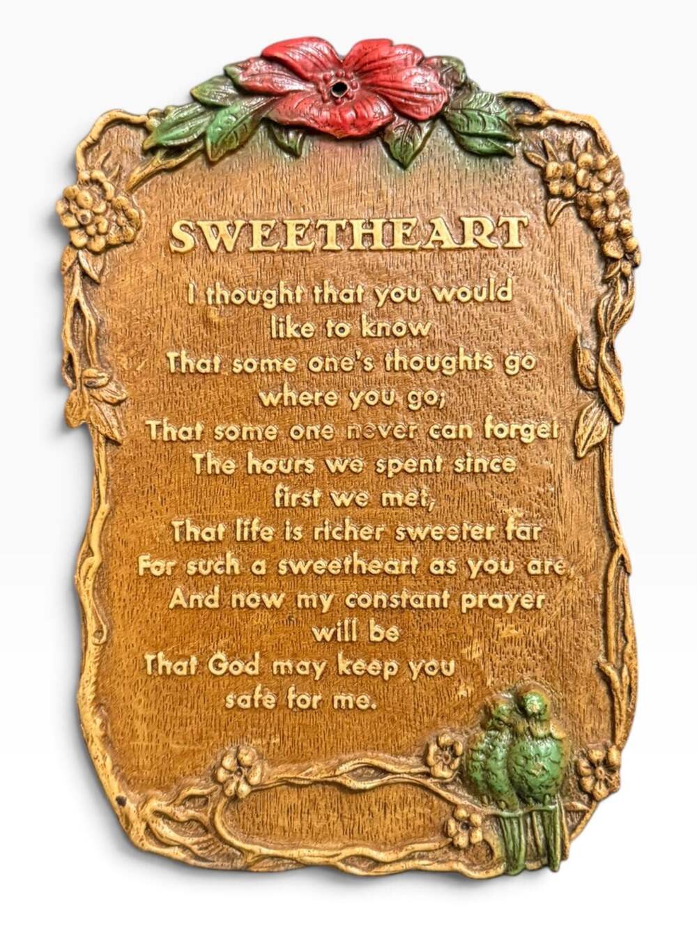 Vintage Syroco Molded Wood Wall Hanging Plaque Sweetheart Poem Flower & Birds
